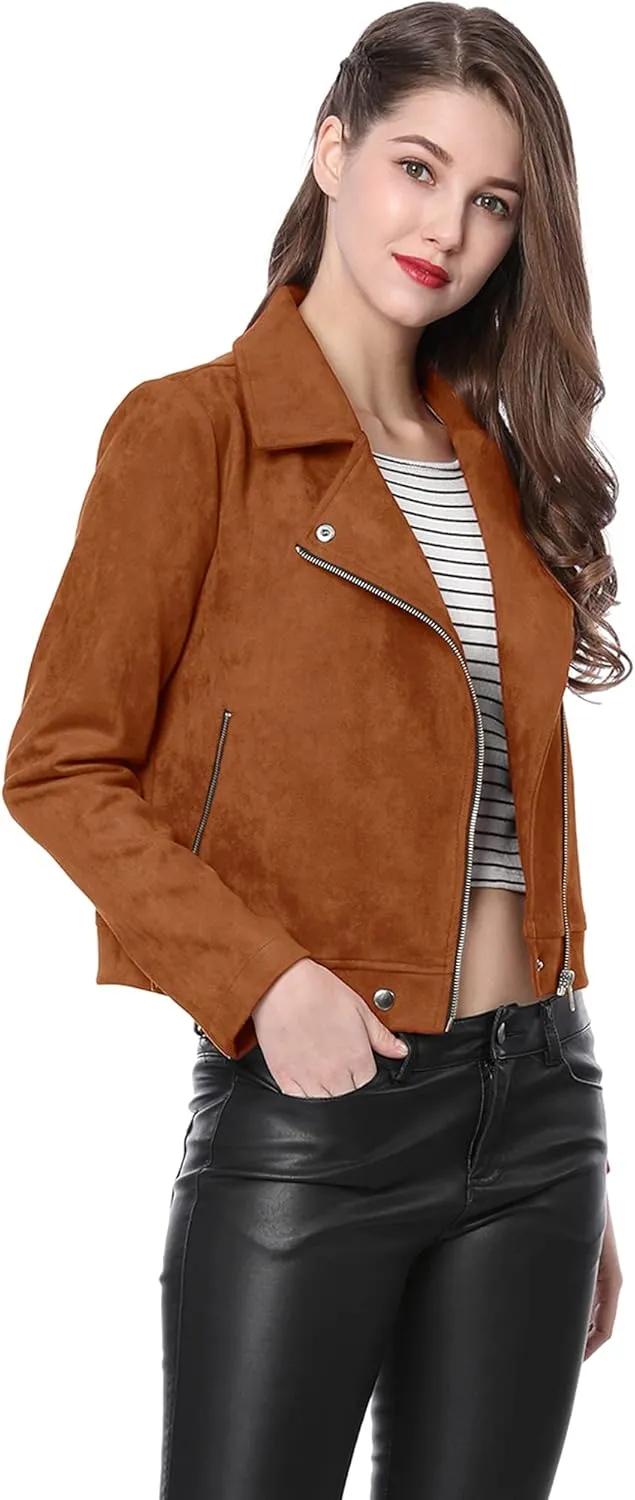 Allegra K Women's Short Soft Zip Up Faux Suede Biker Moto Jacket