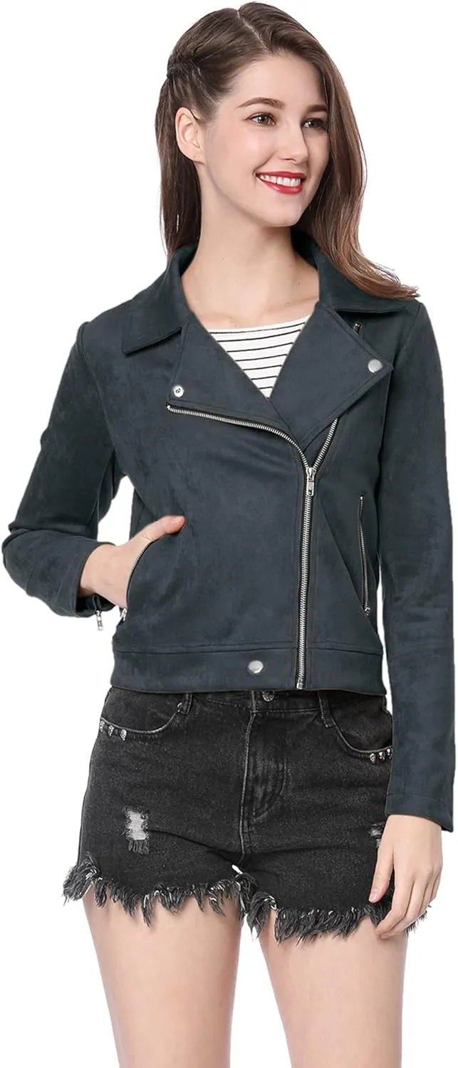Allegra K Women's Short Soft Zip Up Faux Suede Biker Moto Jacket
