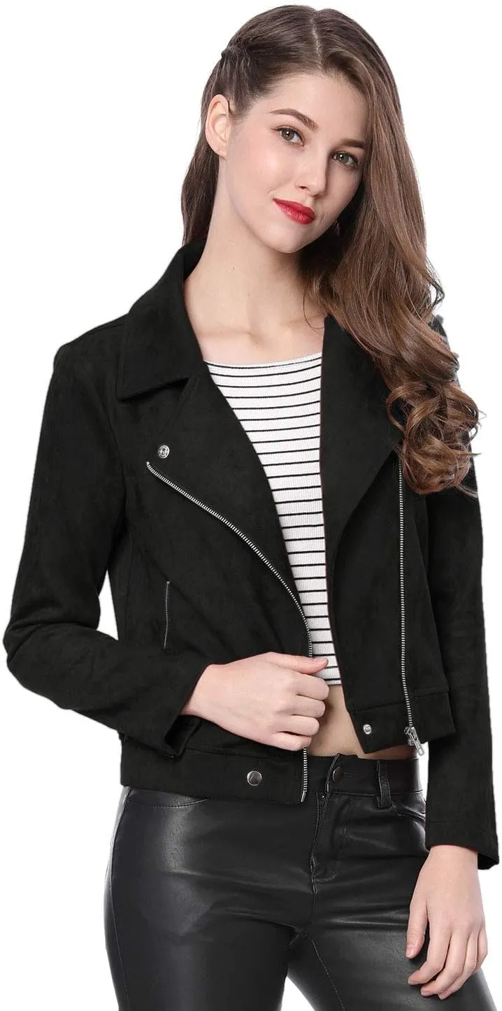 Allegra K Women's Short Soft Zip Up Faux Suede Biker Moto Jacket