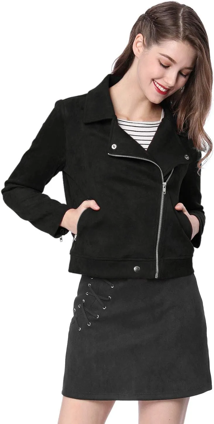 Allegra K Women's Short Soft Zip Up Faux Suede Biker Moto Jacket