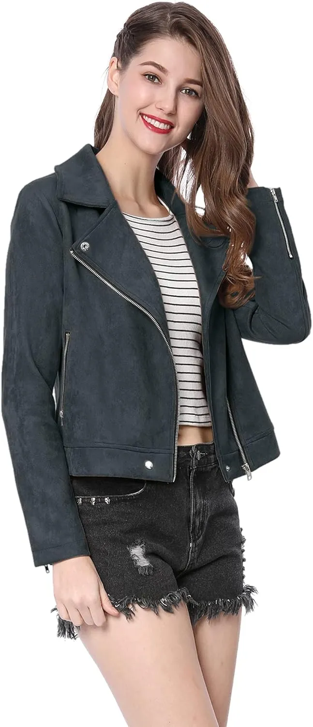 Allegra K Women's Short Soft Zip Up Faux Suede Biker Moto Jacket