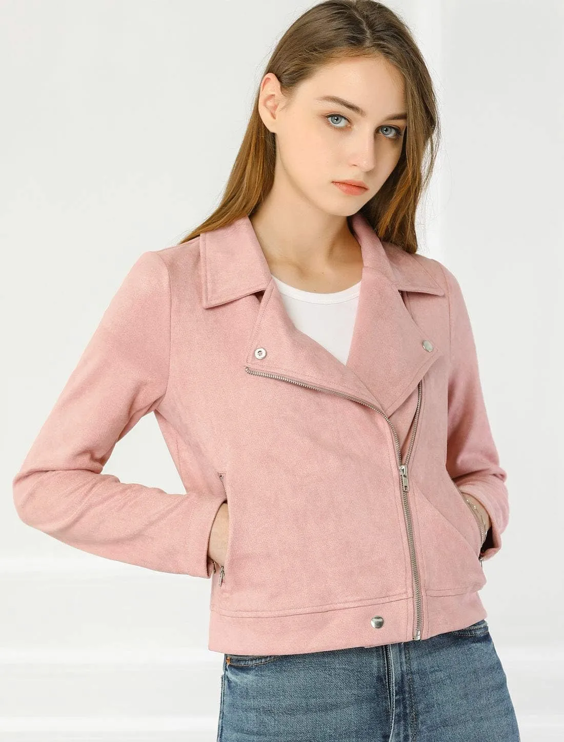 Allegra K Women's Short Soft Zip Up Faux Suede Biker Moto Jacket