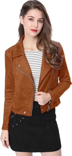Allegra K Women's Short Soft Zip Up Faux Suede Biker Moto Jacket