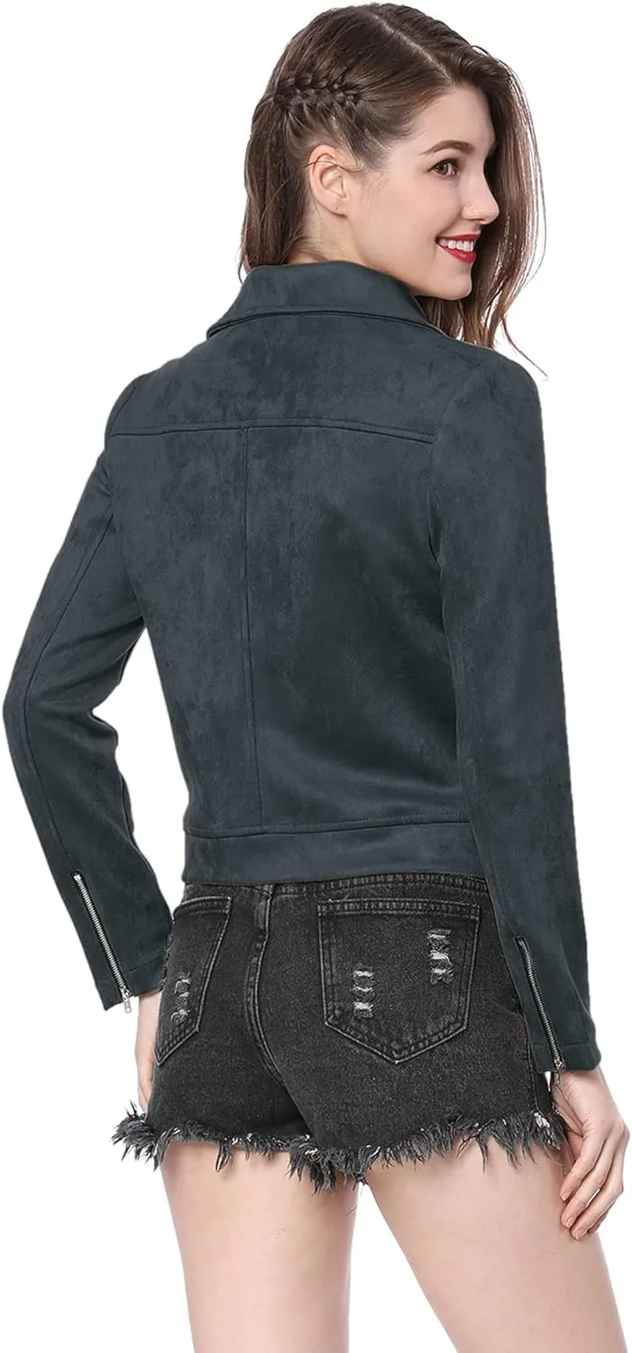 Allegra K Women's Short Soft Zip Up Faux Suede Biker Moto Jacket