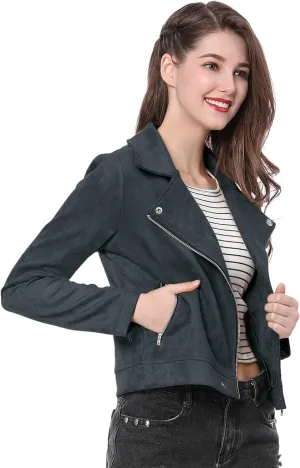 Allegra K Women's Short Soft Zip Up Faux Suede Biker Moto Jacket