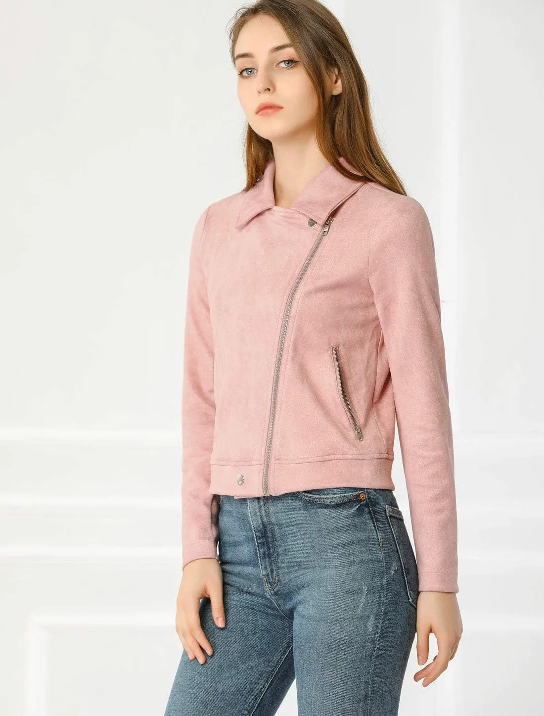 Allegra K Women's Short Soft Zip Up Faux Suede Biker Moto Jacket