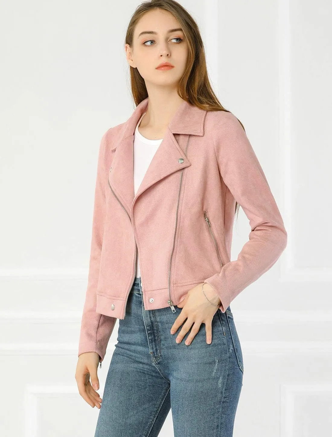Allegra K Women's Short Soft Zip Up Faux Suede Biker Moto Jacket
