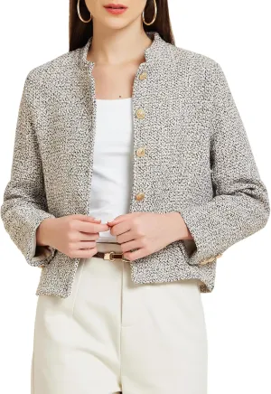 Allegra K Women's Tweed Blazer Stand Collar Long Sleeve Cropped Blazer Jacket