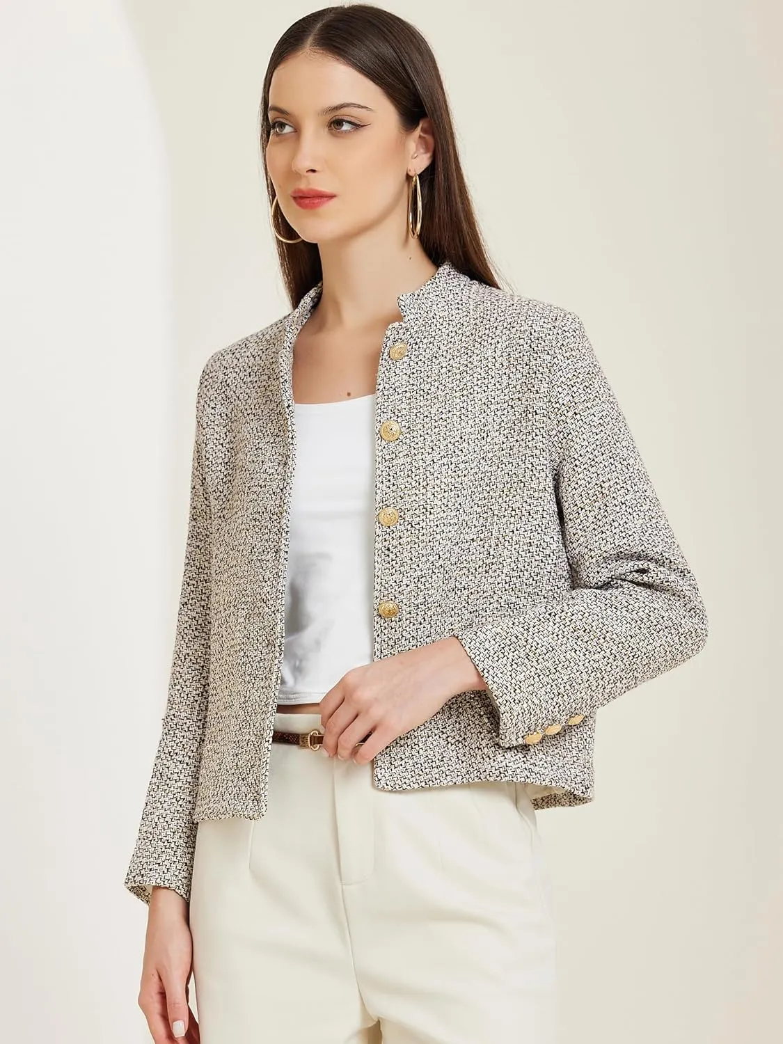 Allegra K Women's Tweed Blazer Stand Collar Long Sleeve Cropped Blazer Jacket