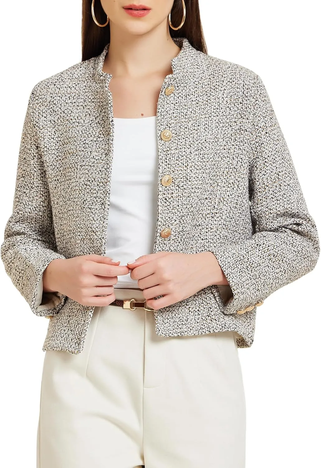 Allegra K Women's Tweed Blazer Stand Collar Long Sleeve Cropped Blazer Jacket