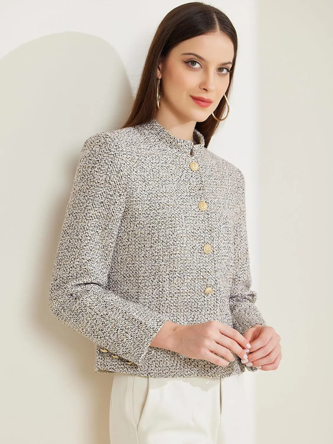 Allegra K Women's Tweed Blazer Stand Collar Long Sleeve Cropped Blazer Jacket