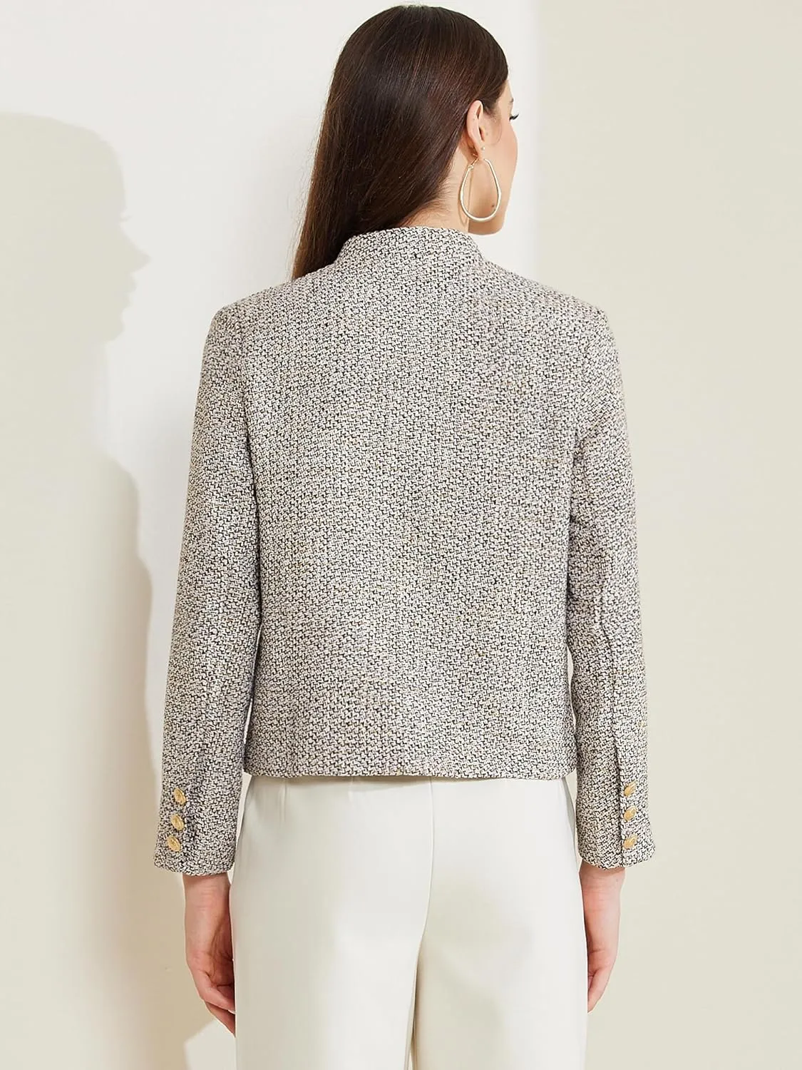 Allegra K Women's Tweed Blazer Stand Collar Long Sleeve Cropped Blazer Jacket