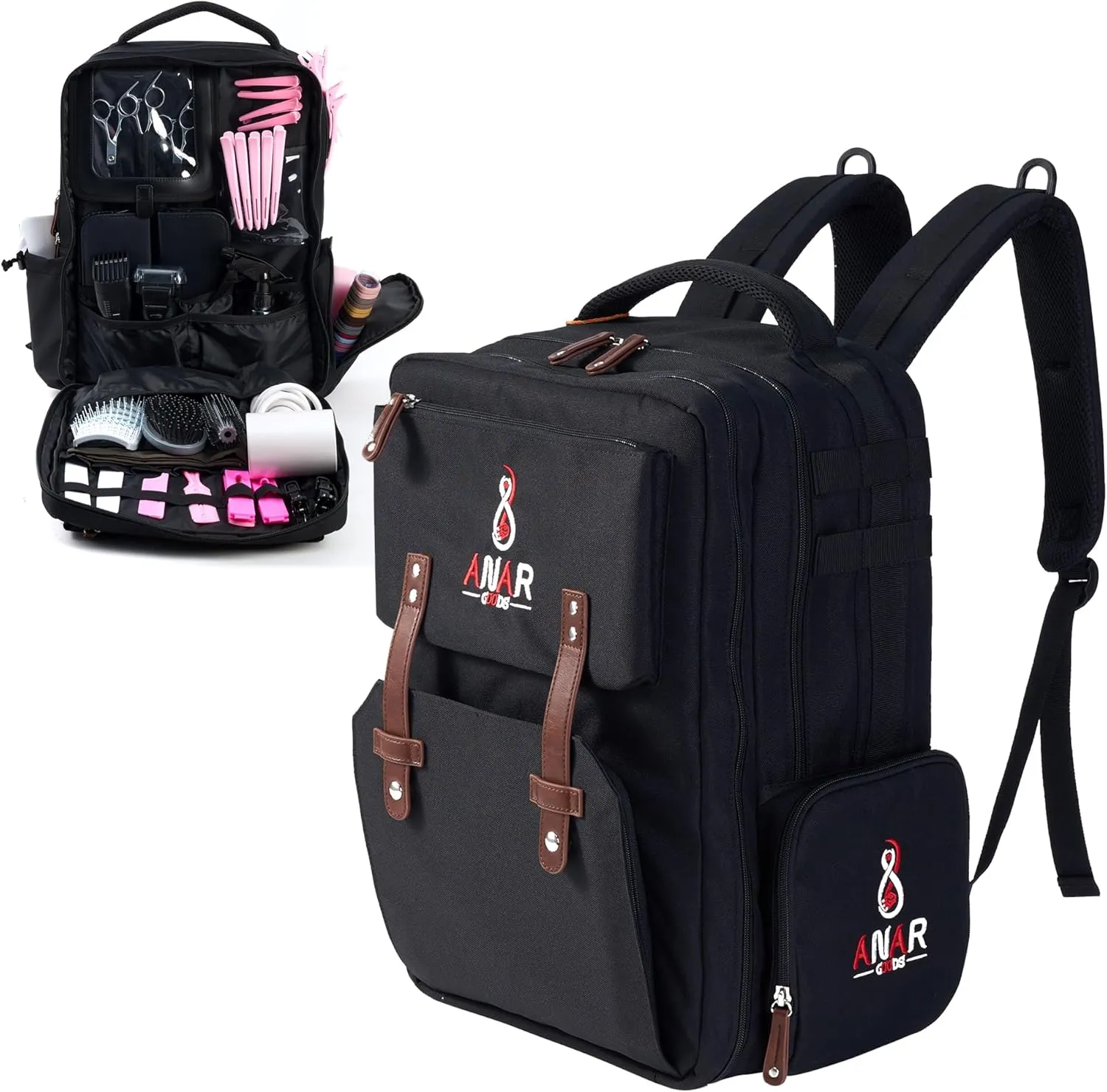 ANAR Barber (Hairstylist) Tools Backpack | Large Capacity | Leather | Black | Holds Hair Dryer & Curling Iron | PC Compartment | Travel-Friendly | Clean Packing | Pack of 1