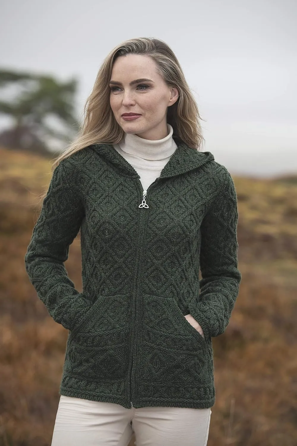 Aran Crafts Women's Soft Cable Knit Honeycomb Hood Cardigan (100% Merino Wool)