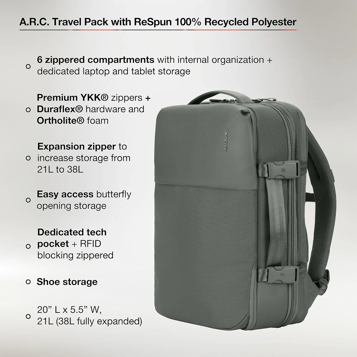 A.R.C. Travel Pack - ReSpun 100% Recycled Polyester, 38L Backpack, RFID-Blocking, Shoe Compartment, Expansion Zipper, Ergonomic Straps, Laptop Compartment for 16 PC/Mac, Travel Friendly - Smoked Ivy