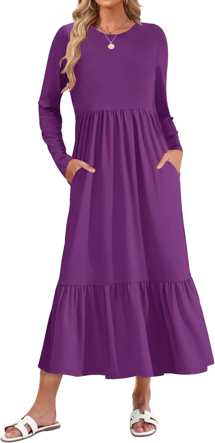 AUSELILY Womens Fall Dresses 2024 Long Sleeve Maxi Dress Casual Crewneck Flowy Tiered Wedding Guest Dress with Pockets