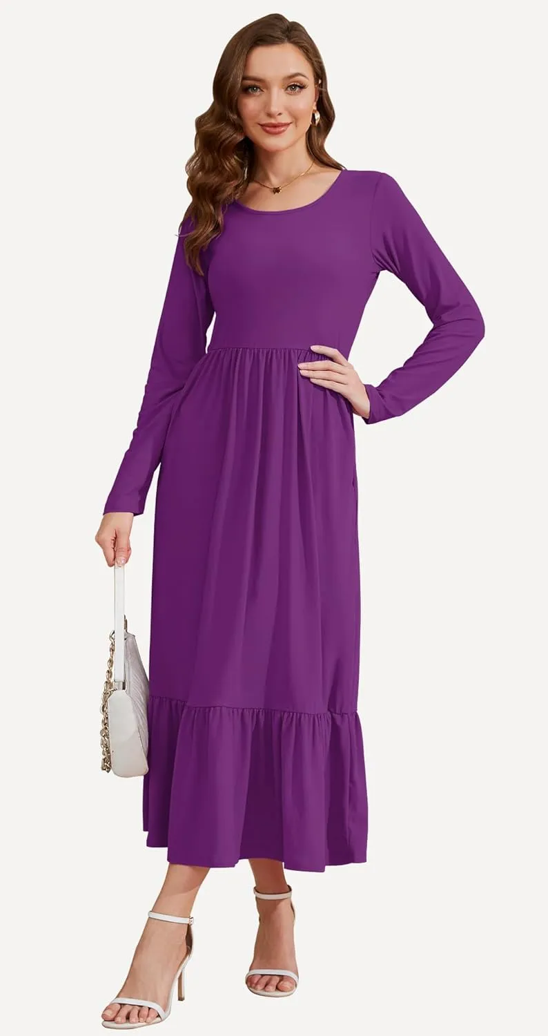 AUSELILY Womens Fall Dresses 2024 Long Sleeve Maxi Dress Casual Crewneck Flowy Tiered Wedding Guest Dress with Pockets