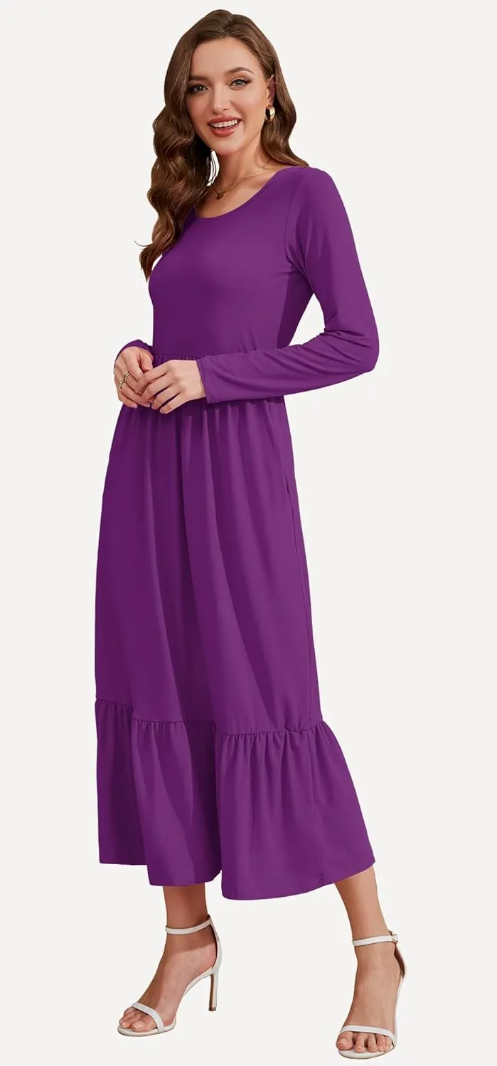 AUSELILY Womens Fall Dresses 2024 Long Sleeve Maxi Dress Casual Crewneck Flowy Tiered Wedding Guest Dress with Pockets