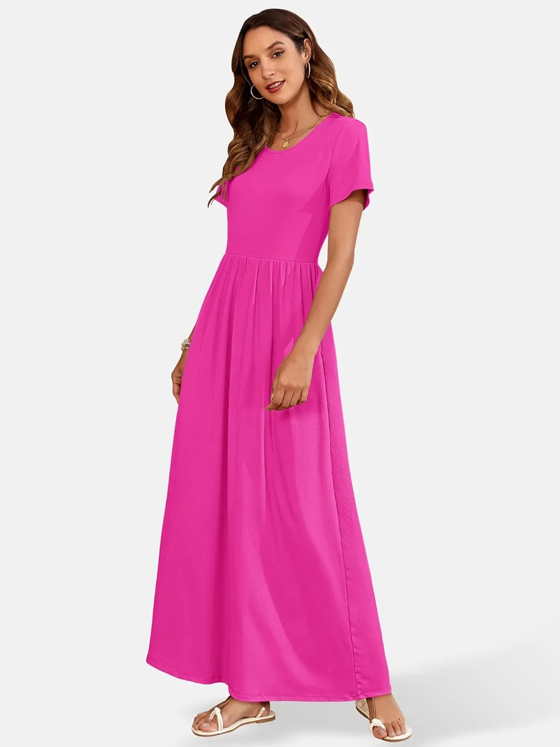 AUSELILY Womens Maxi Dress Casual Short Sleeve Summer Dresses Crewneck Sundresses with Pockets