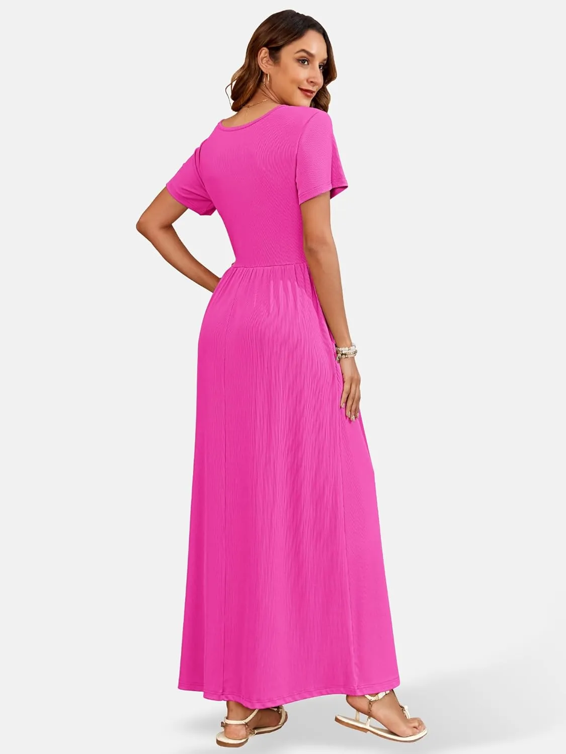 AUSELILY Womens Maxi Dress Casual Short Sleeve Summer Dresses Crewneck Sundresses with Pockets