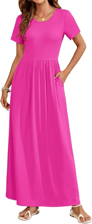 AUSELILY Womens Maxi Dress Casual Short Sleeve Summer Dresses Crewneck Sundresses with Pockets