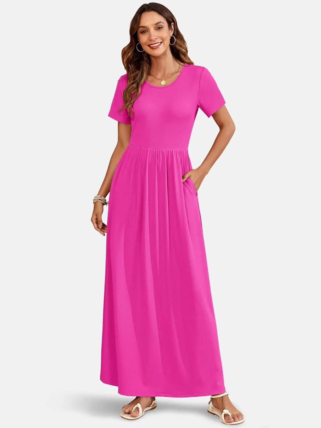 AUSELILY Womens Maxi Dress Casual Short Sleeve Summer Dresses Crewneck Sundresses with Pockets