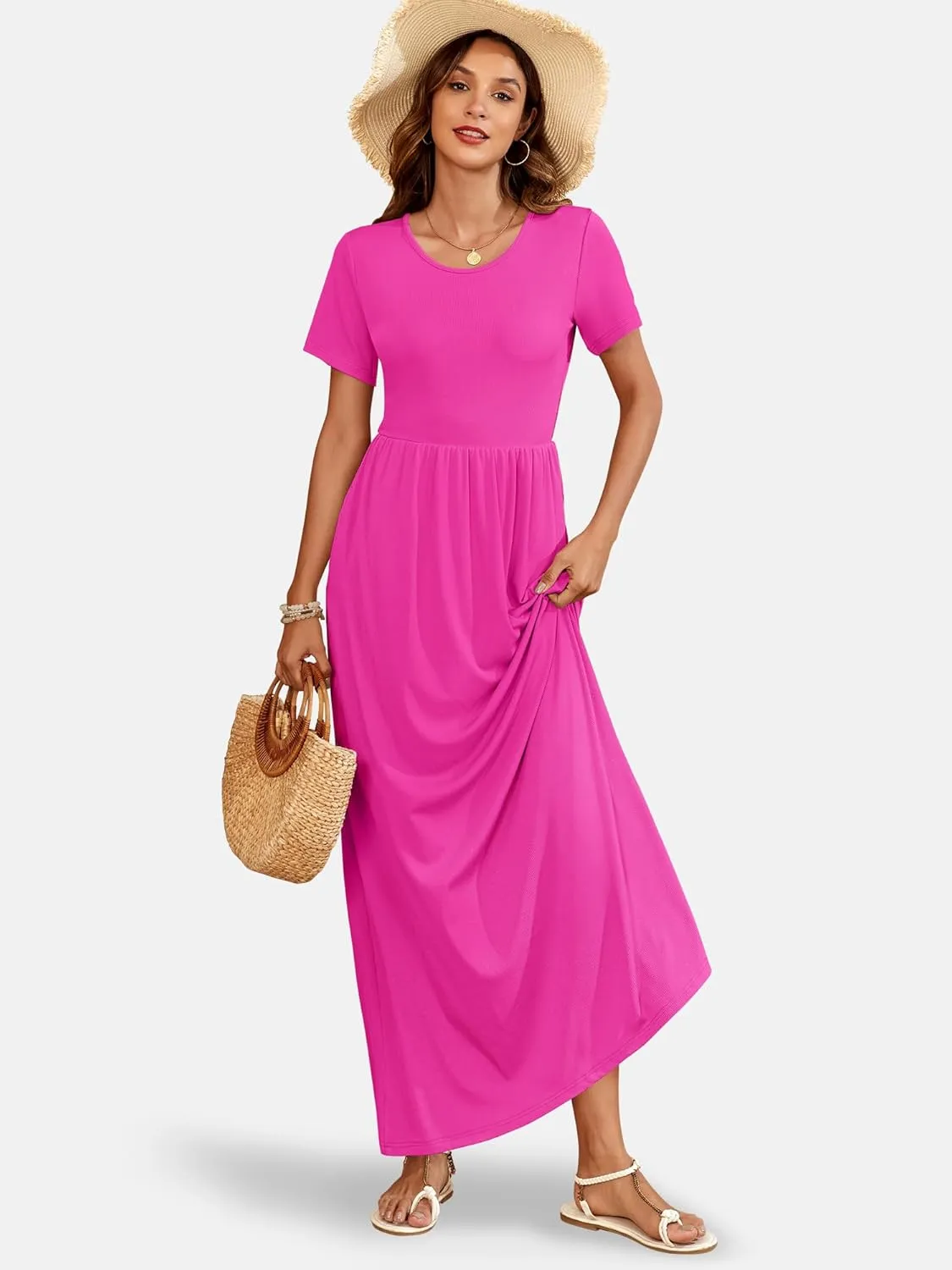 AUSELILY Womens Maxi Dress Casual Short Sleeve Summer Dresses Crewneck Sundresses with Pockets