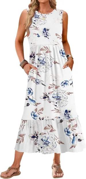 AUSELILY Womens Summer Dresses 2025 Sleeveless Maxi Dress Crewneck Casual Flowy Tiered Sundresses with Pockets