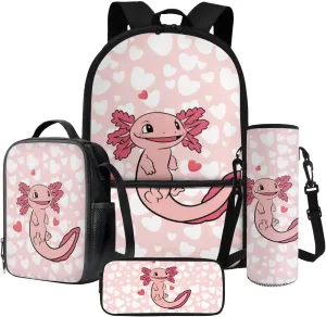 Axolotl Hearts Pink Pattern 4Pcs Children Schoolbag Set Large Capacity Backpack with Lunch Box Pencil Pouch and Water Bottle Holder Bag for Teens Girls Bookbag Set