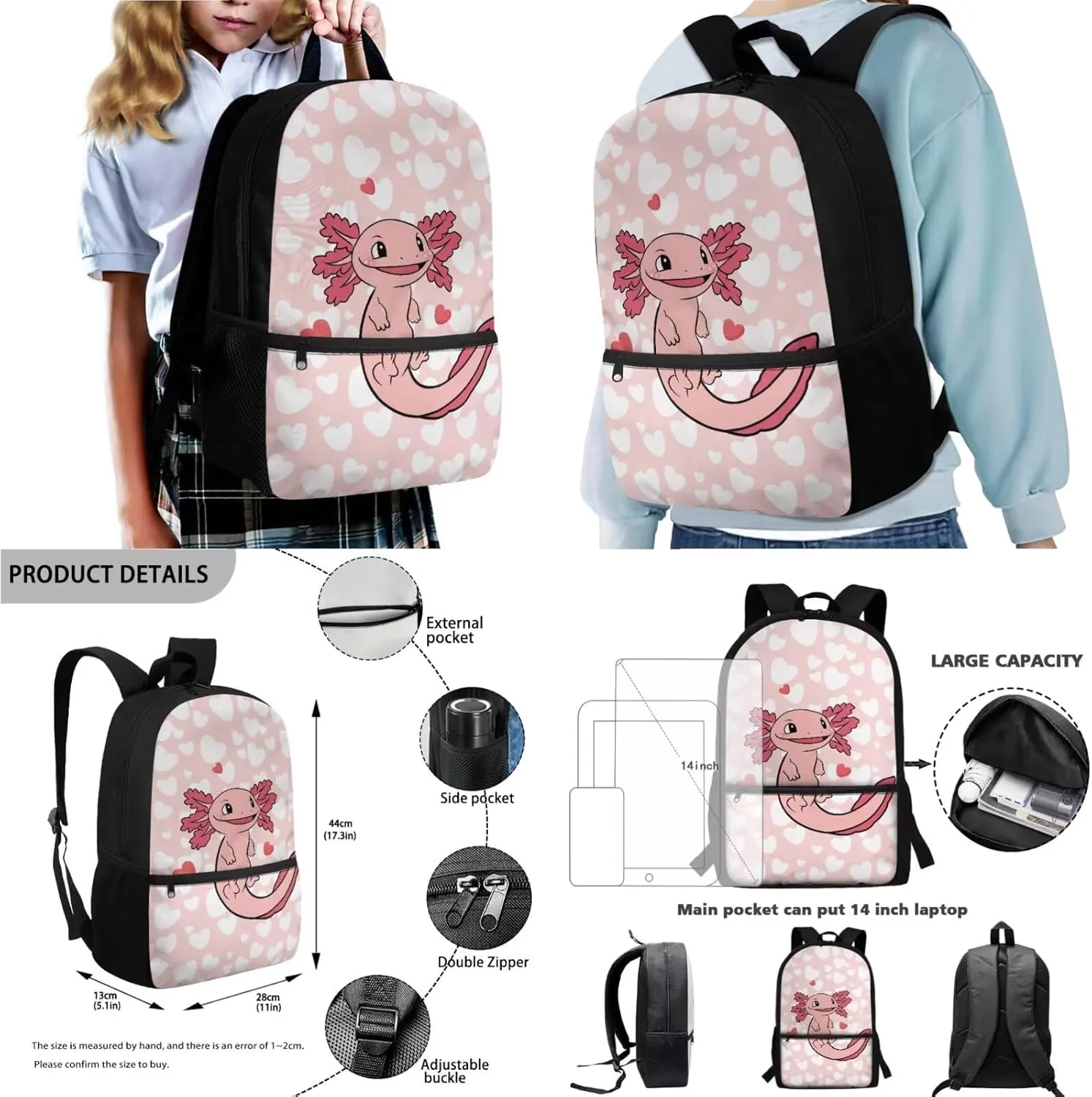 Axolotl Hearts Pink Pattern 4Pcs Children Schoolbag Set Large Capacity Backpack with Lunch Box Pencil Pouch and Water Bottle Holder Bag for Teens Girls Bookbag Set