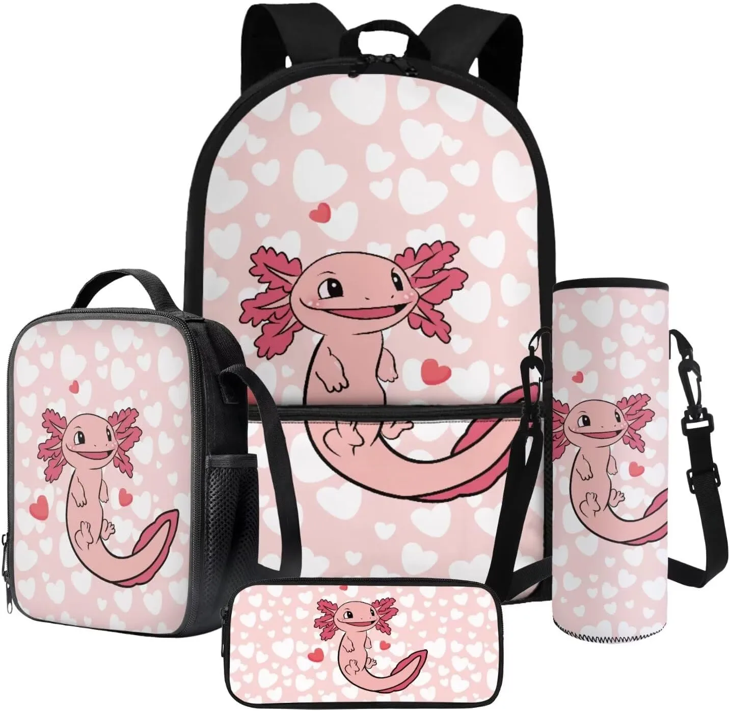 Axolotl Hearts Pink Pattern 4Pcs Children Schoolbag Set Large Capacity Backpack with Lunch Box Pencil Pouch and Water Bottle Holder Bag for Teens Girls Bookbag Set
