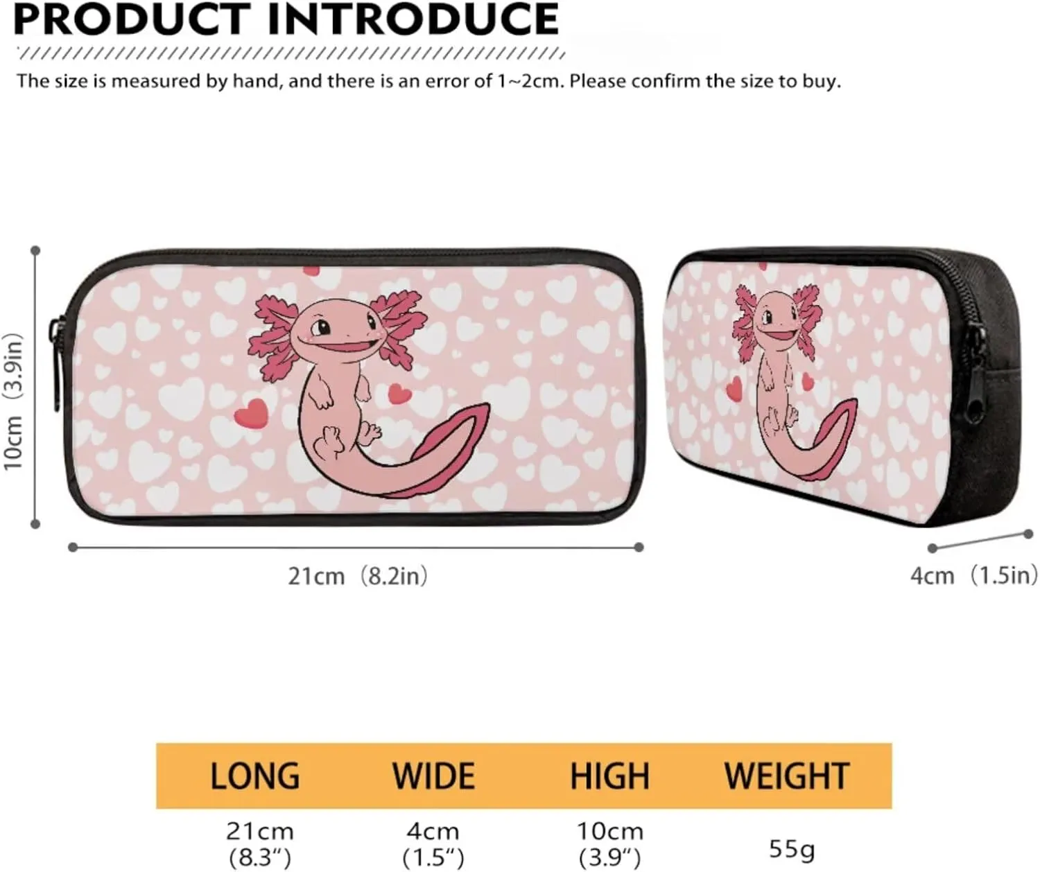 Axolotl Hearts Pink Pattern 4Pcs Children Schoolbag Set Large Capacity Backpack with Lunch Box Pencil Pouch and Water Bottle Holder Bag for Teens Girls Bookbag Set