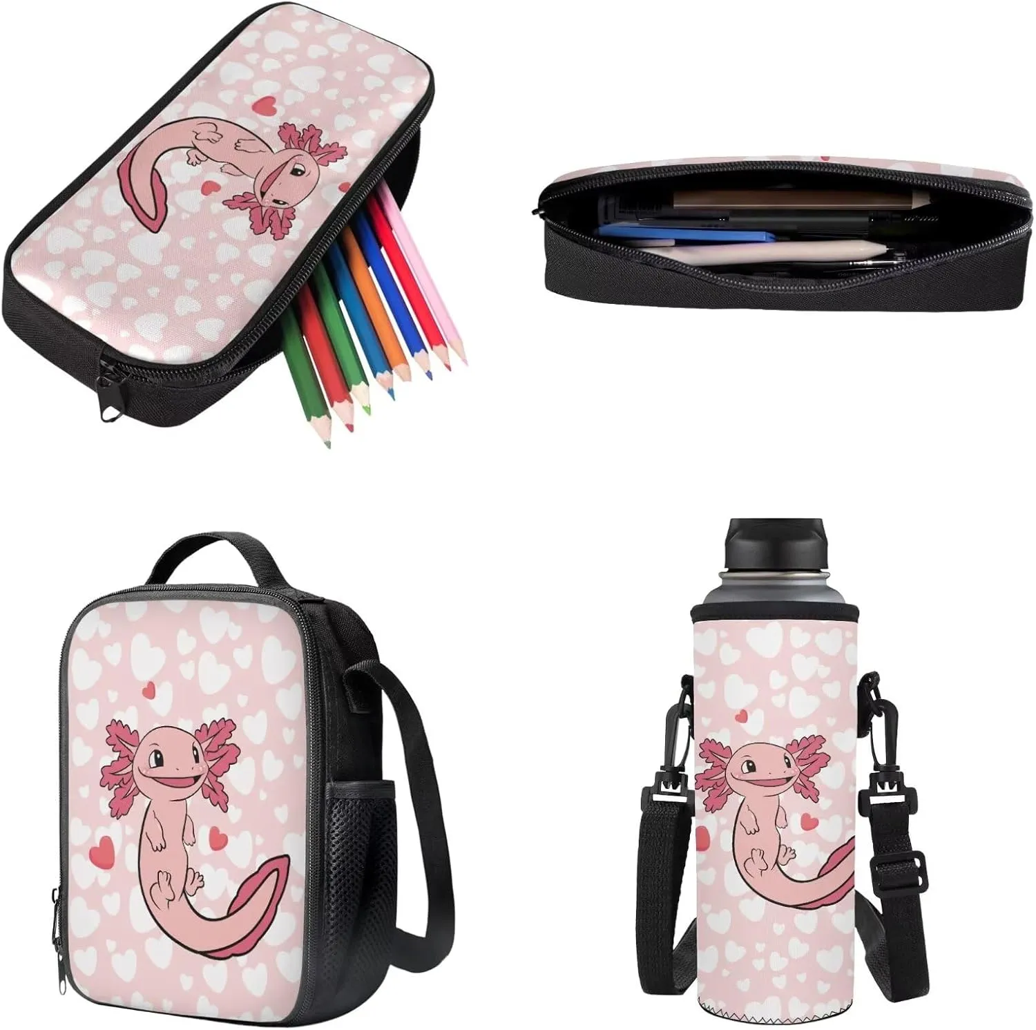 Axolotl Hearts Pink Pattern 4Pcs Children Schoolbag Set Large Capacity Backpack with Lunch Box Pencil Pouch and Water Bottle Holder Bag for Teens Girls Bookbag Set