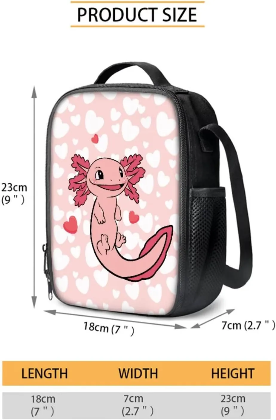 Axolotl Hearts Pink Pattern 4Pcs Children Schoolbag Set Large Capacity Backpack with Lunch Box Pencil Pouch and Water Bottle Holder Bag for Teens Girls Bookbag Set