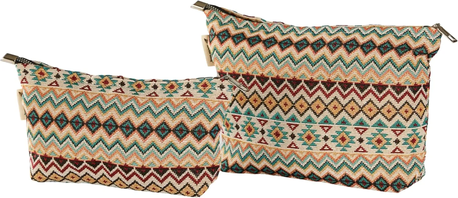 Aztec Cross Stitch Print Canvas Makeup Bag for Women Girls, Large Capacity Trendy Travel-Friendly Cosmetic Bag, Secure Metal Zipper Pouch Aesthetic Toiletry Bag Organizer (Set of 2)