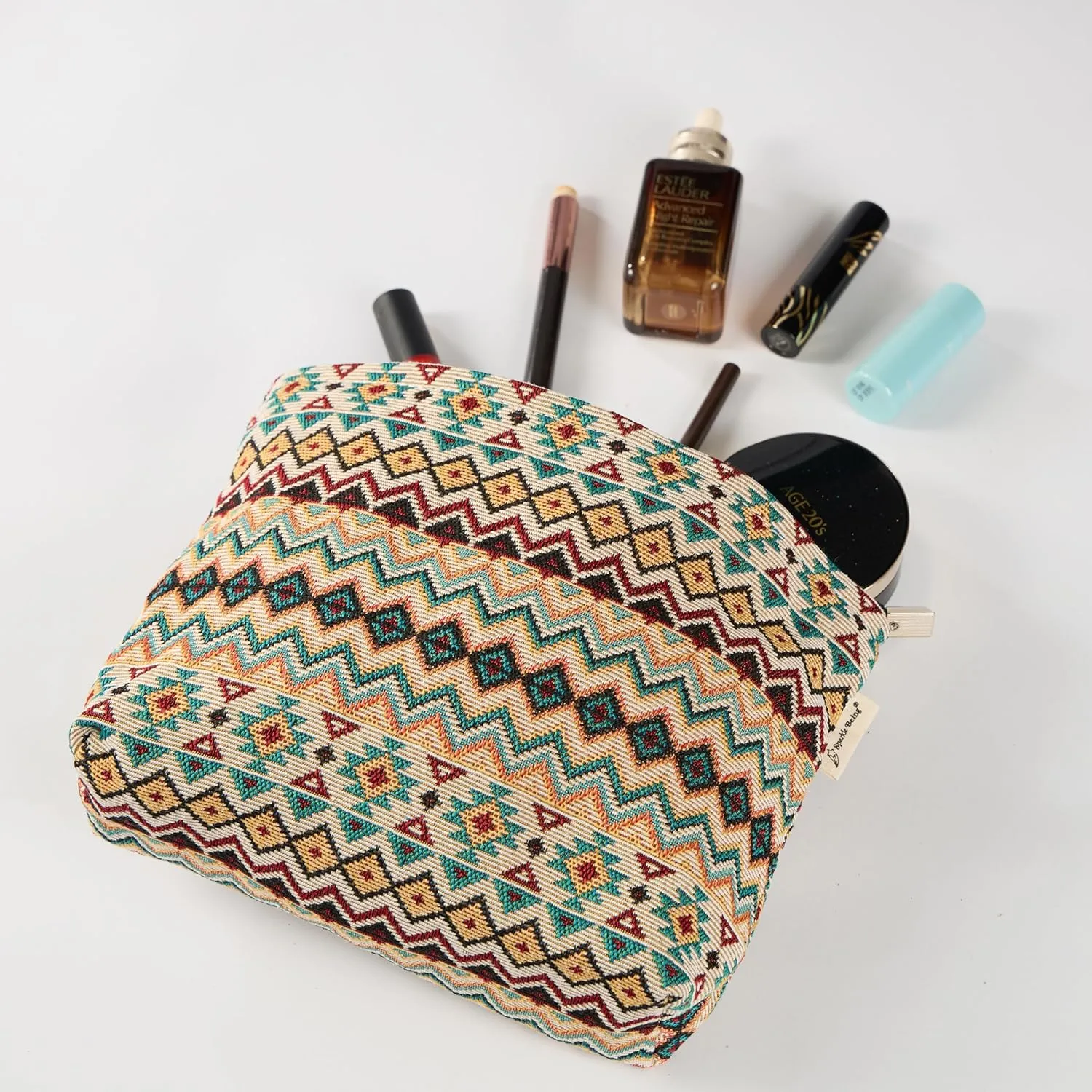 Aztec Cross Stitch Print Canvas Makeup Bag for Women Girls, Large Capacity Trendy Travel-Friendly Cosmetic Bag, Secure Metal Zipper Pouch Aesthetic Toiletry Bag Organizer (Set of 2)