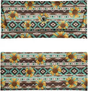 Aztec Tribe Sunflower Print Portable Leather Wallet Money Organizers for Men Women Minimalist Card Holder Elegant Long Slim Slim Billfold with Buckle