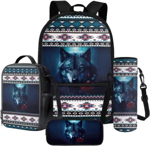 Aztec Tribe Wolf Rose Pattern 4Pcs School Bags Set for Boys Girls Large Capacity Backpack and Lunch Box Set with Water Bottle Holder Bag Pencil Case Student Bookbag