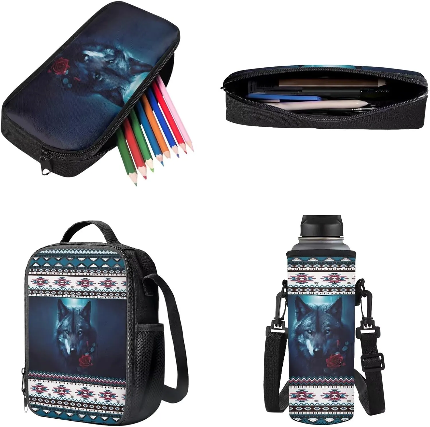 Aztec Tribe Wolf Rose Pattern 4Pcs School Bags Set for Boys Girls Large Capacity Backpack and Lunch Box Set with Water Bottle Holder Bag Pencil Case Student Bookbag