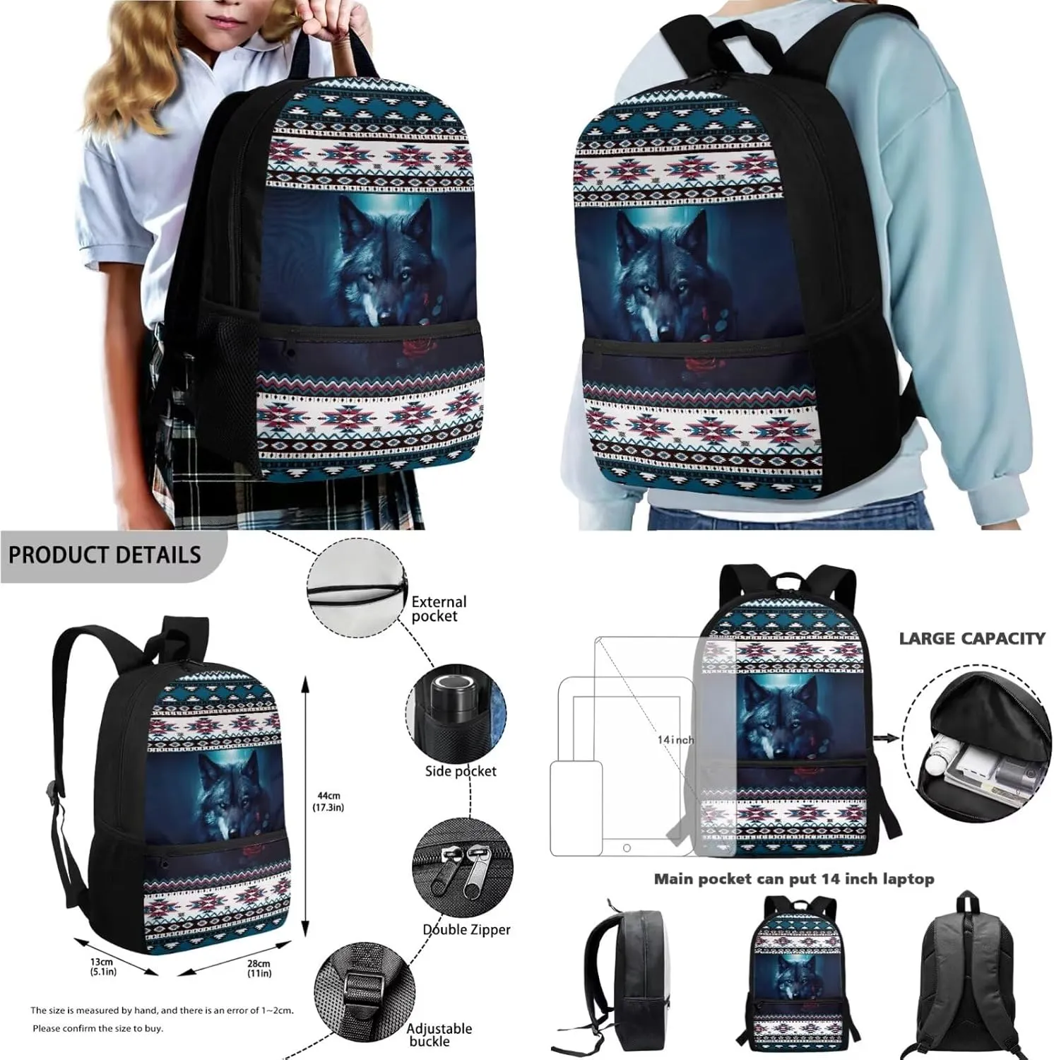 Aztec Tribe Wolf Rose Pattern 4Pcs School Bags Set for Boys Girls Large Capacity Backpack and Lunch Box Set with Water Bottle Holder Bag Pencil Case Student Bookbag
