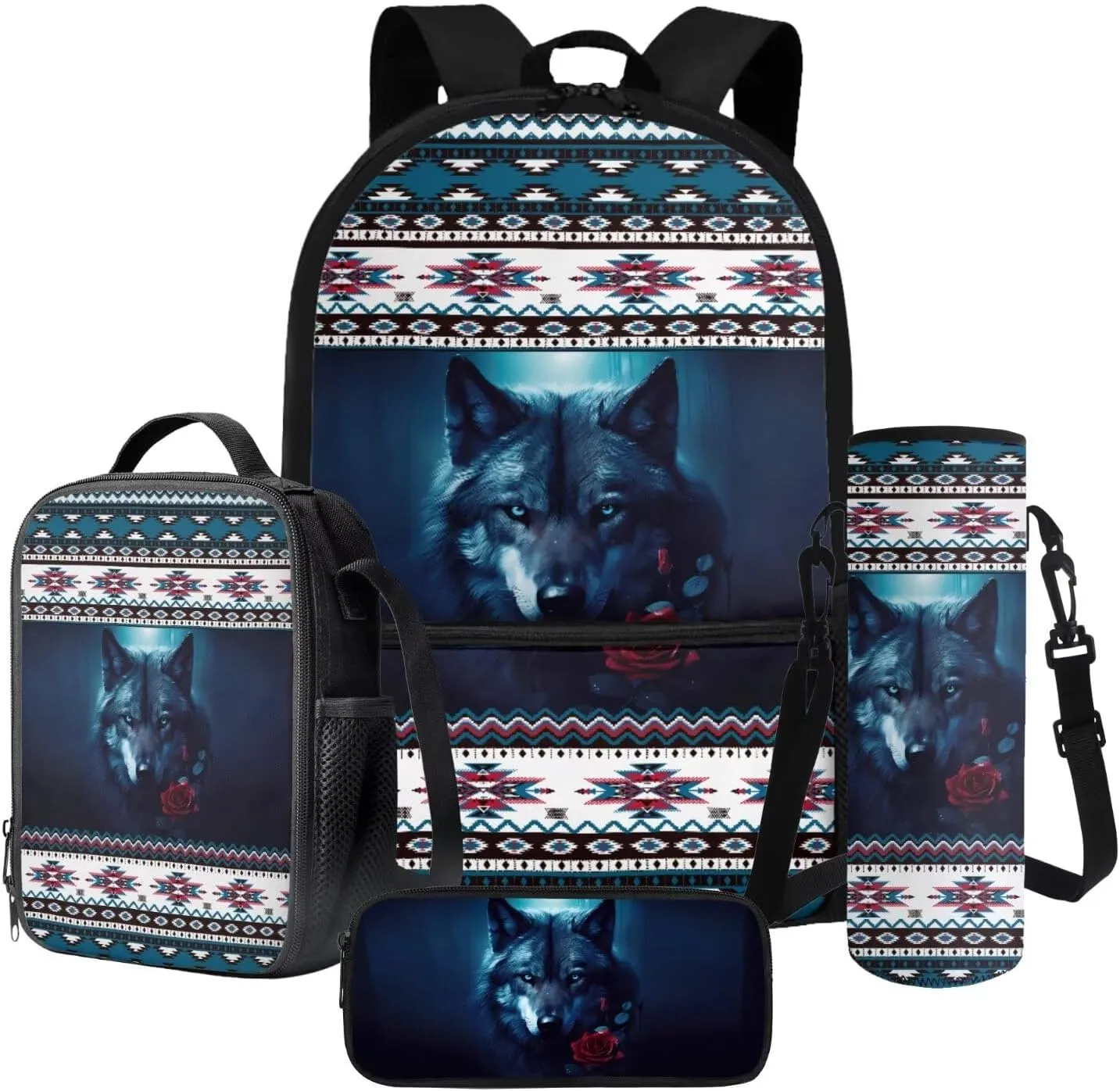 Aztec Tribe Wolf Rose Pattern 4Pcs School Bags Set for Boys Girls Large Capacity Backpack and Lunch Box Set with Water Bottle Holder Bag Pencil Case Student Bookbag