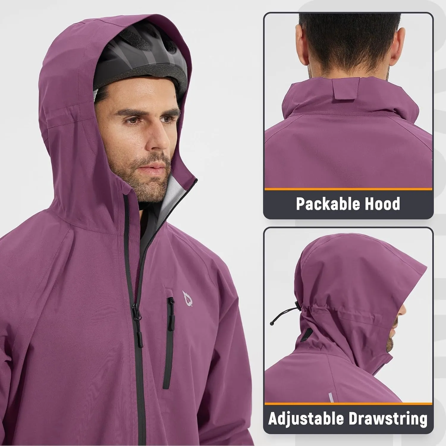 baleaf Men's Rain Jacket Waterproof Running Cycling Windbreaker Golf Hiking Gear Hood Raincoat Packable Reflective