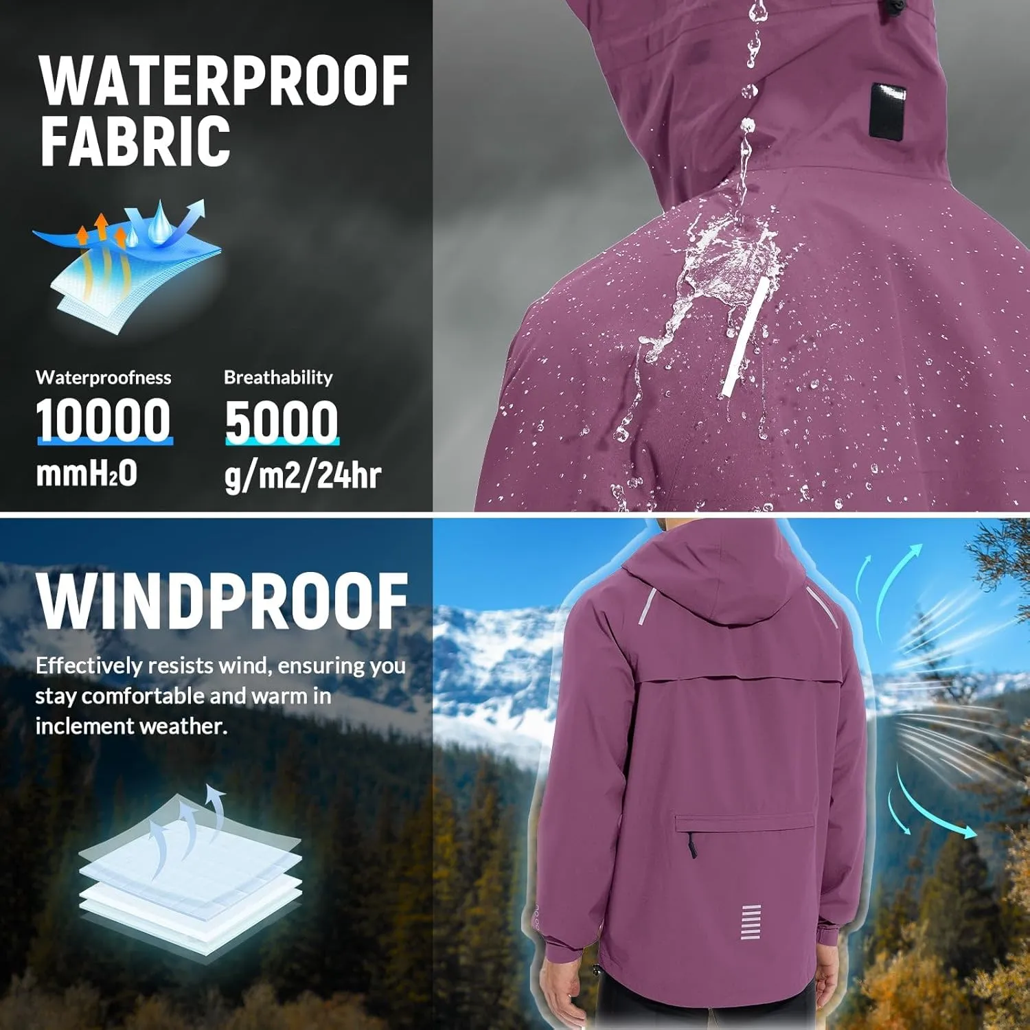 baleaf Men's Rain Jacket Waterproof Running Cycling Windbreaker Golf Hiking Gear Hood Raincoat Packable Reflective