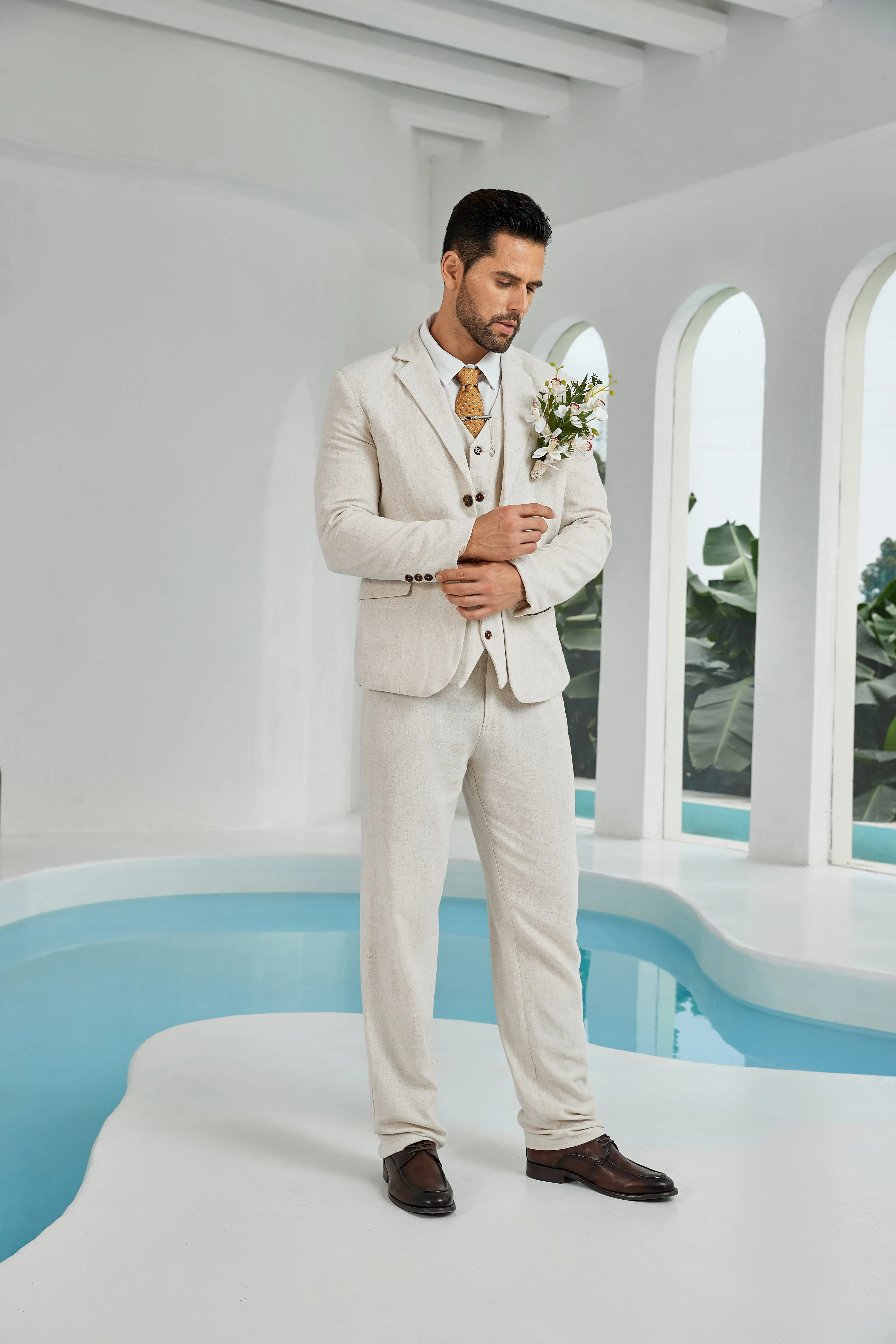 Beige Linen Beach Wedding Men Summer Suits (MORE CHOICE )