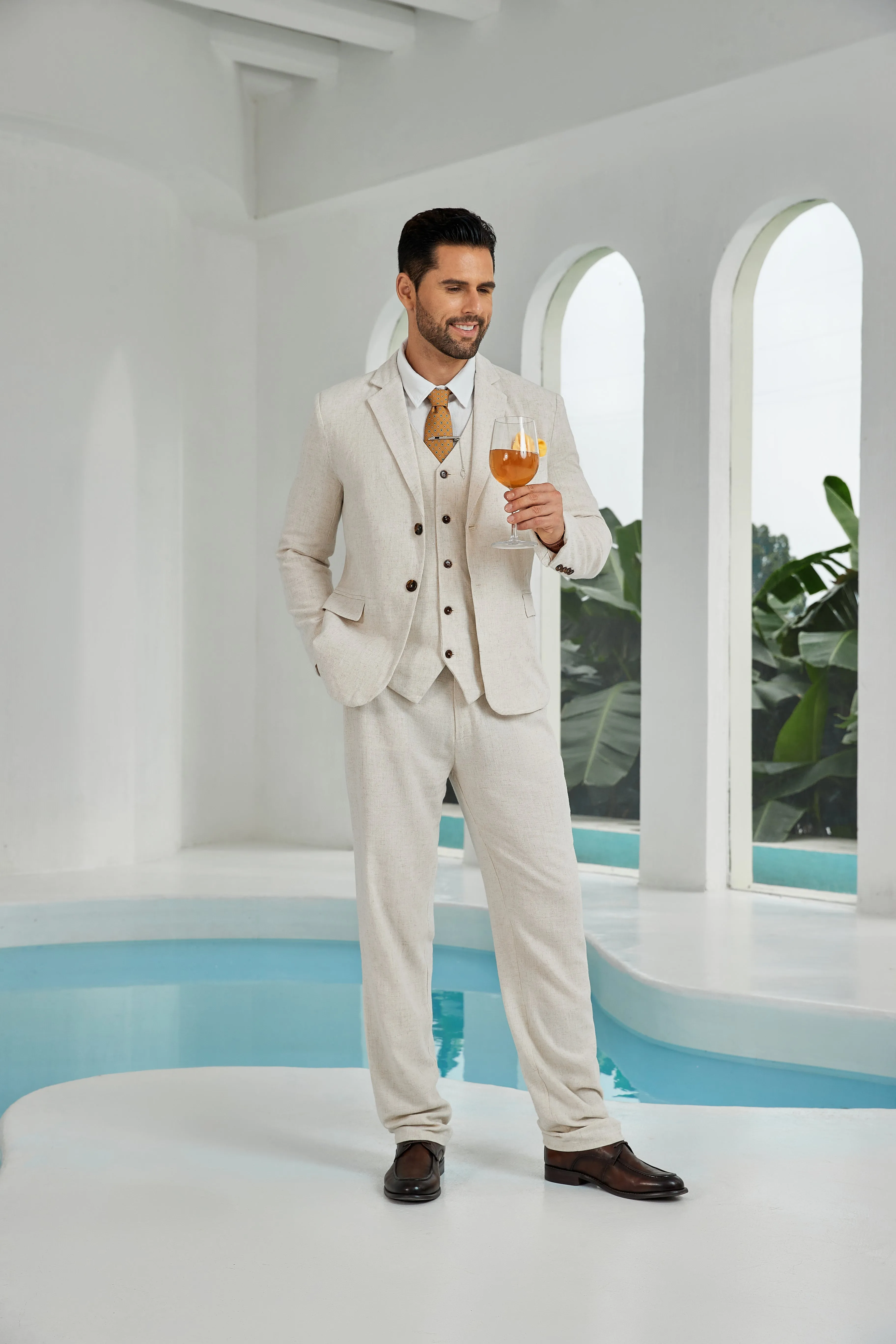 Beige Linen Beach Wedding Men Summer Suits (MORE CHOICE )