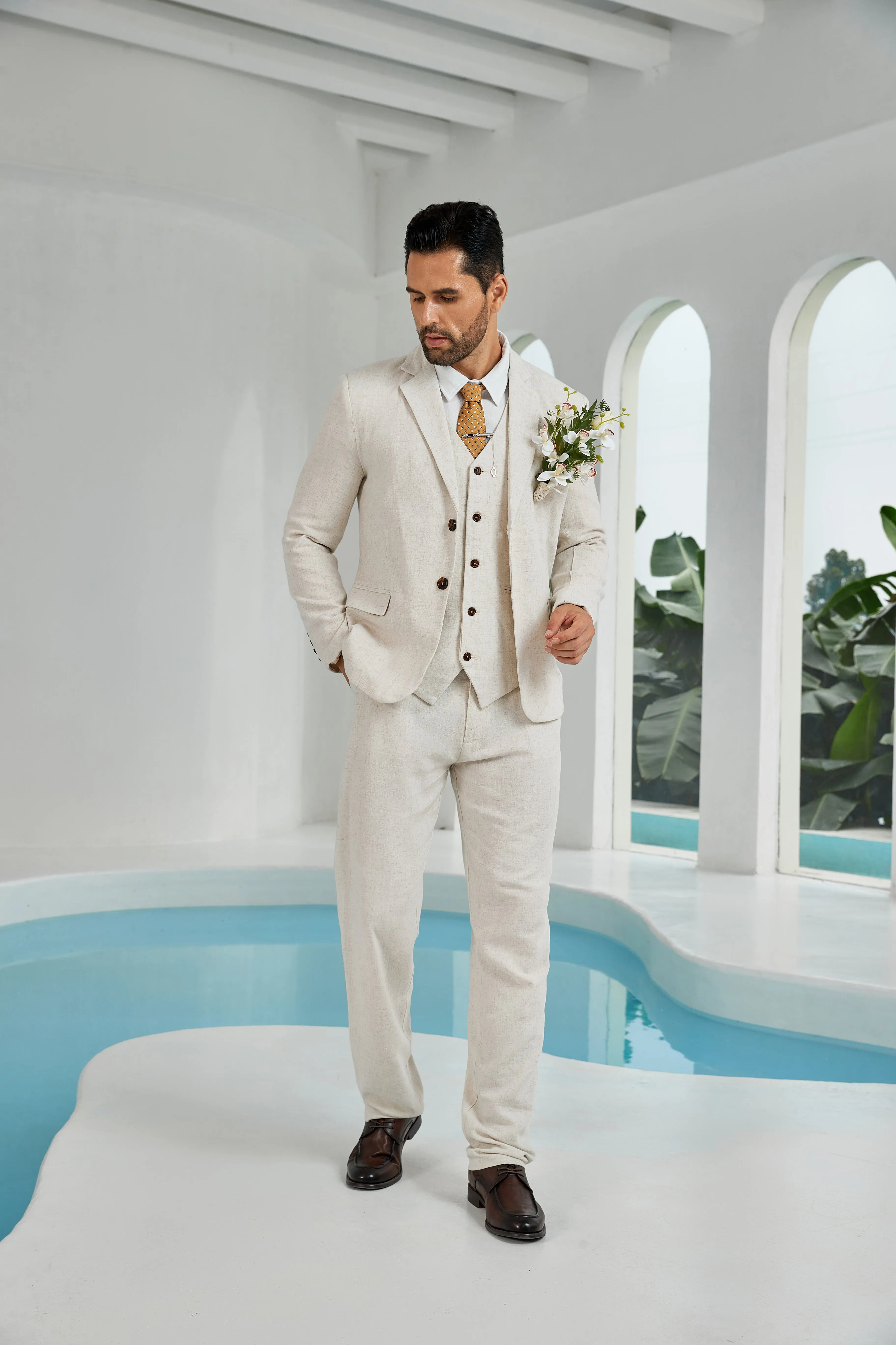 Beige Linen Beach Wedding Men Summer Suits (MORE CHOICE )