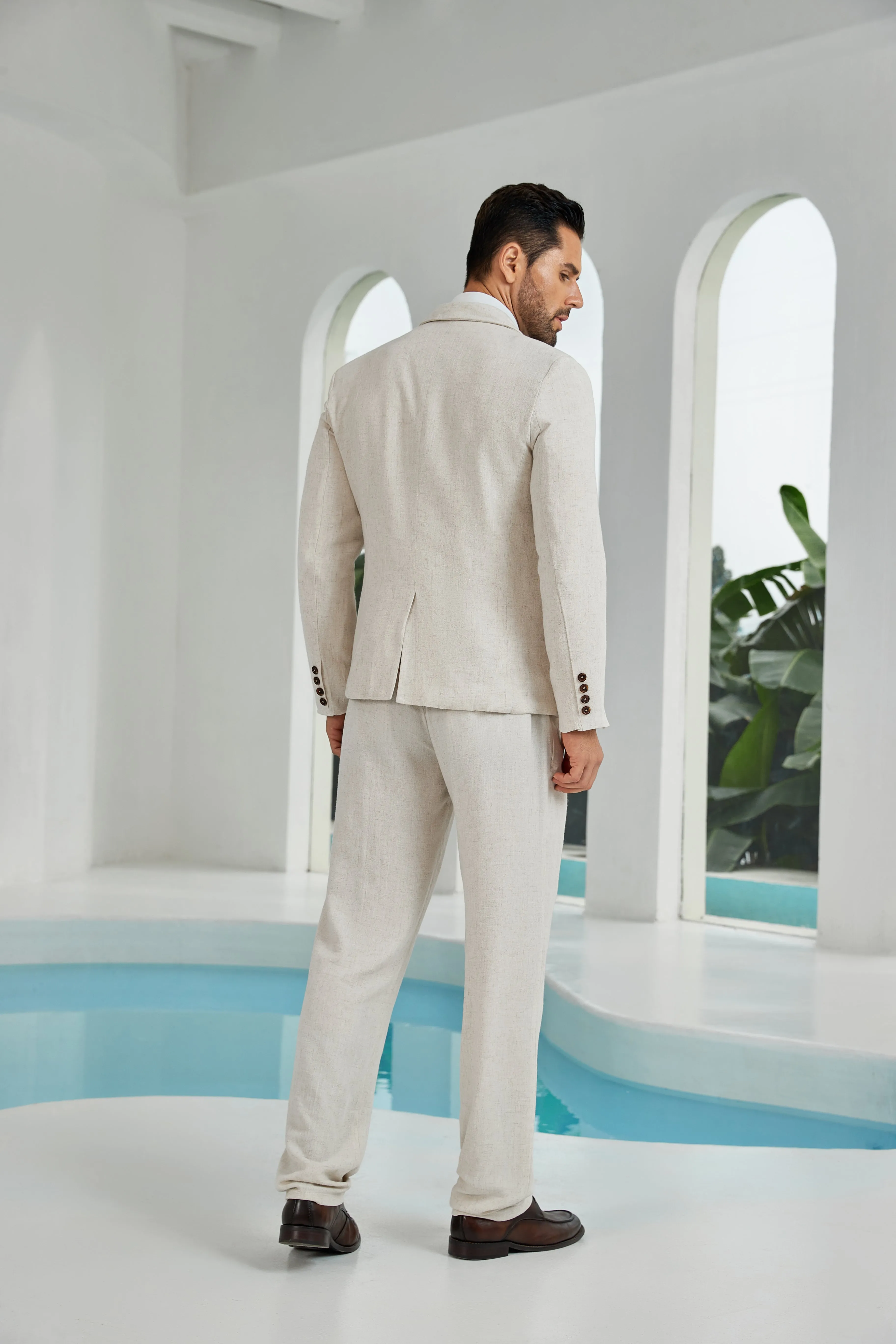 Beige Linen Beach Wedding Men Summer Suits (MORE CHOICE )