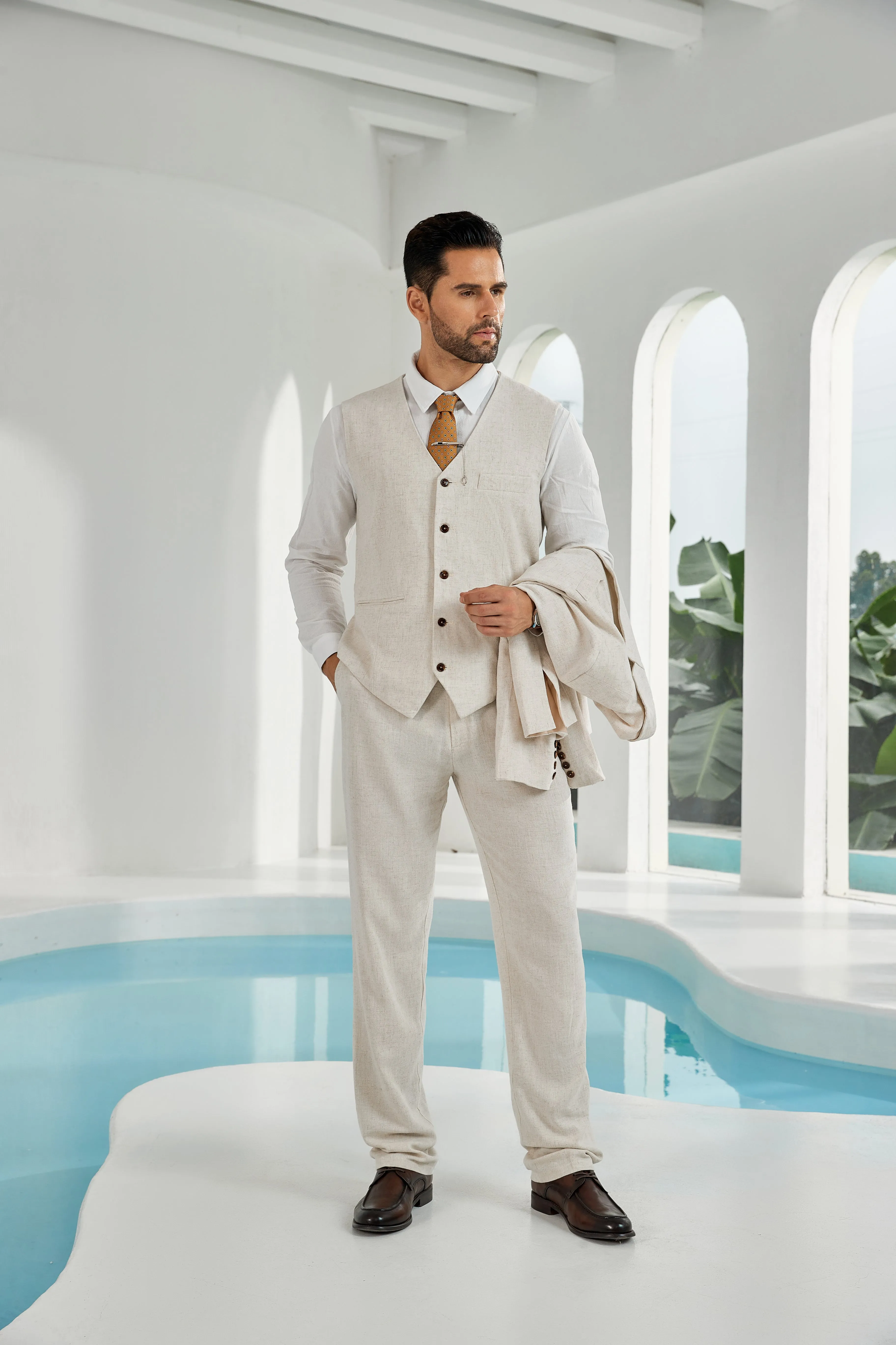 Beige Linen Beach Wedding Men Summer Suits (MORE CHOICE )