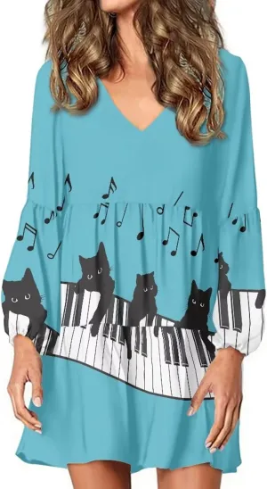 Biyejit Women Long Sleeve Tunic Dress V Neck Casual Loose Flowy Swing Dresses Plus Size S-4XL