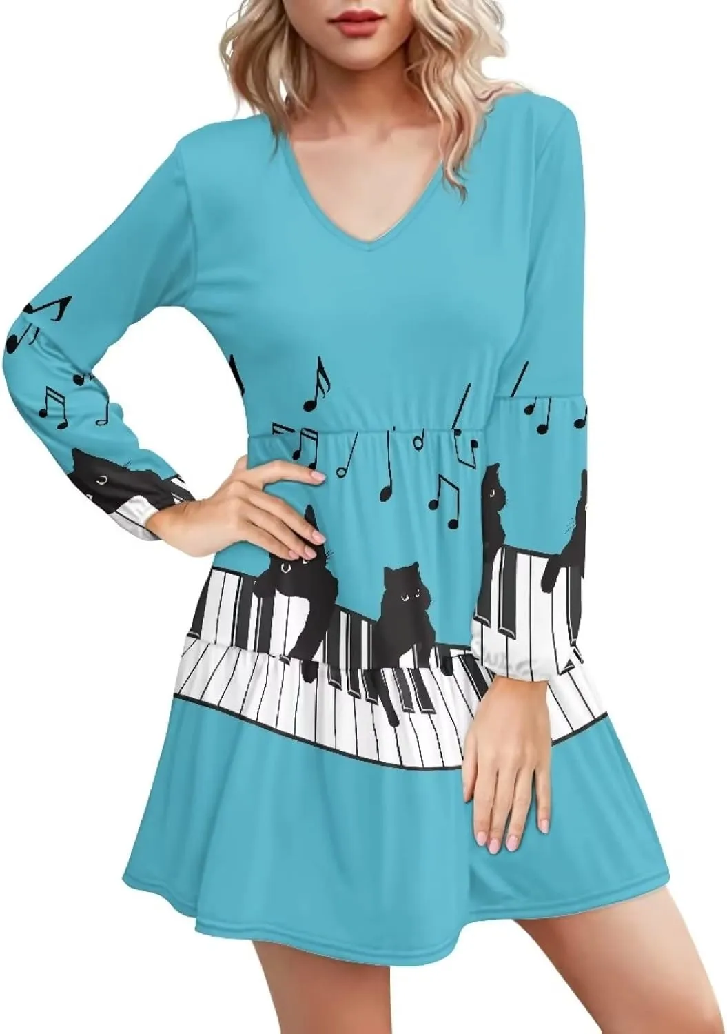 Biyejit Women Long Sleeve Tunic Dress V Neck Casual Loose Flowy Swing Dresses Plus Size S-4XL